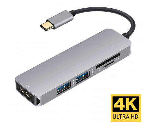 HUB 5 IN 1 USBC a HDMI, 2 USB 3.0, tarjeta SD TF - 4K, 30Hz, 1080P 