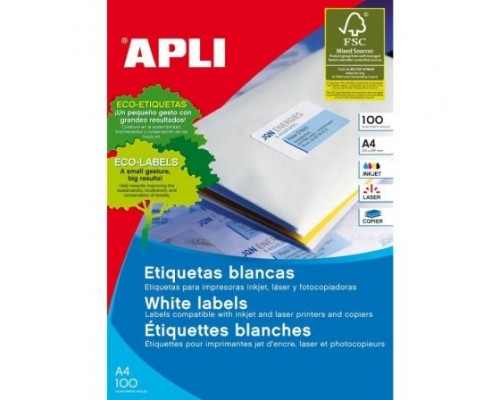 CAJA 100 HOJAS ETIQUETAS BLANCAS PERMANENTES 64,6 X 33,8 MM APLI 1263 (Espera 4 dias)
