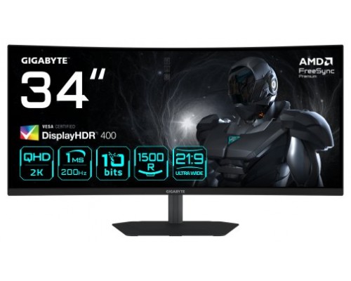 GIGABYTE G34WQC2 Monitor Gaming Curvo 34&rdquo; WQHD - 3440 x 1440, 1500R, 200Hz, 1ms, 450 cd/m&sup2;, AMD FreeSync Premium, DisplayHDR 400, HDMI 2.0, Displayport 1.4 (Espera 4 dias)