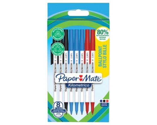 BLÍSTER 8 BOLÍGRAFOS PAPER MATE KILOMÉTRICO PUNTA MEDIANA (1,0MM) TINTA NEGRA, AZUL Y ROJA 80% RECICLADO PAPER MATE 2187680 (Espera 4 dias)