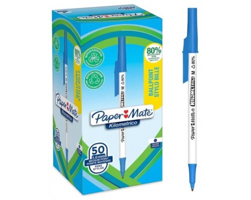 CAJA 50 BOLÍGRAFOS PAPER MATE KILOMÉTRICO PUNTA MEDIANA (1,0MM) TINTA AZUL 80% PLÁSTICO RECICLADO PAPER MATE 2187702 (Espera 4 dias)