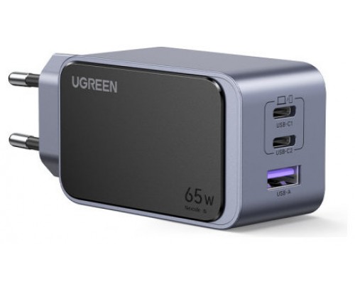 Ugreen Nexode Air 65W sieninis kroviklis, USB + 2x USB-C pilkos spalvos Ordenador portátil, Teléfono móvil, Ratón, Portátil, Batería portátil, Tableta Gris Corriente alterna Carga rápida Interior (Es
