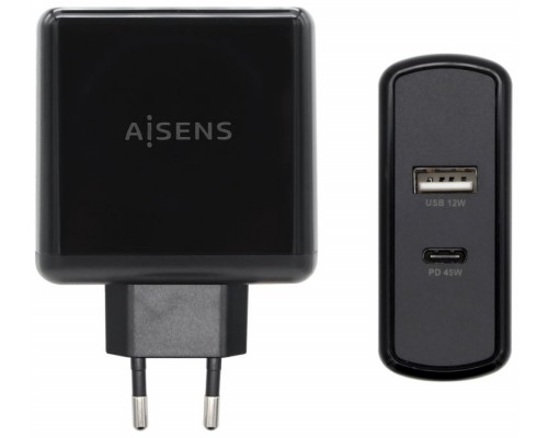 AISENS - CARGADOR 57W 1xUSB-C PD3.0 45W 1xUSB-A 5V/2.4A 12W NEGRO