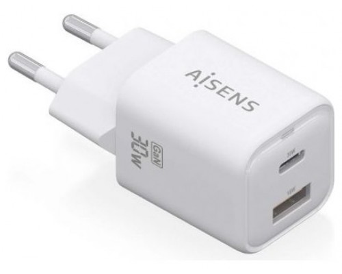 AISENS - CARGADOR GaN 30W, 1xUSB-C PD3.0 QC4.0, 1xUSB-A QC3.0, BLANCO
