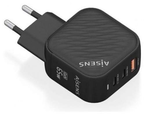 AISENS - CARGADOR GaN 65W, 2xUSB-C PD3.0 QC4.0, 1xUSB-A QC3.0, NEGRO