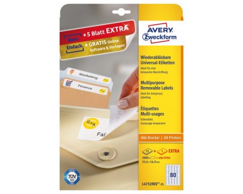PAQUETE 25 HOJAS ETIQUETAS DESPEGABLES ECOL&Oacute;GICAS, CERTIFICADAS FSC-IMPRESORAS L&Aacute;SER-35,6X16,9 MM AVERY L4732REV-25 (Espera 4 dias)