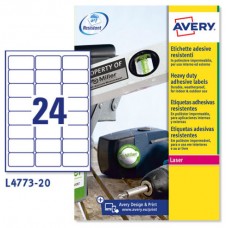 PAQUETE 20 HOJAS ETIQUETAS DE POLI&Eacute;STER BLANCO-IMPRESORAS L&Aacute;SER-63,5X33,9 MM AVERY L4773-20 (Espera 4 dias)