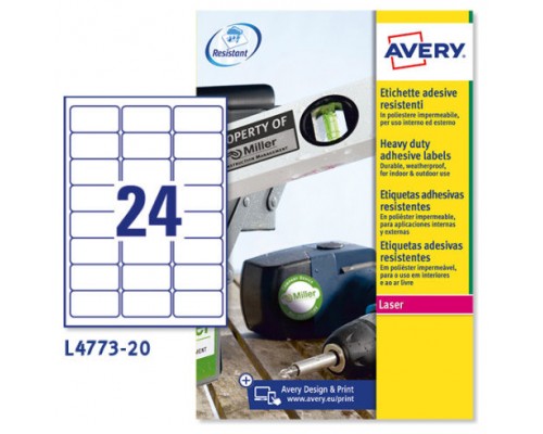 PAQUETE 20 HOJAS ETIQUETAS DE POLI&Eacute;STER BLANCO-IMPRESORAS L&Aacute;SER-63,5X33,9 MM AVERY L4773-20 (Espera 4 dias)