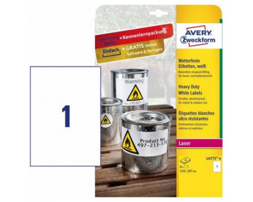 PAQUETE 8 HOJAS ETIQUETAS DE POLI&Eacute;STER BLANCO-IMPRESORAS L&Aacute;SER-210X297 MM AVERY L4775-8 (Espera 4 dias)