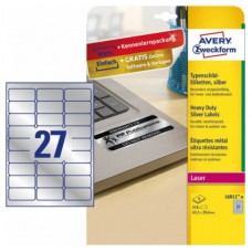 PAQUETE 8 HOJAS ETIQUETAS PLATEADAS DE POLI&Eacute;STER-IMPRESORAS L&Aacute;SER-63,5X29,6 MM AVERY L6011-8 (Espera 4 dias)