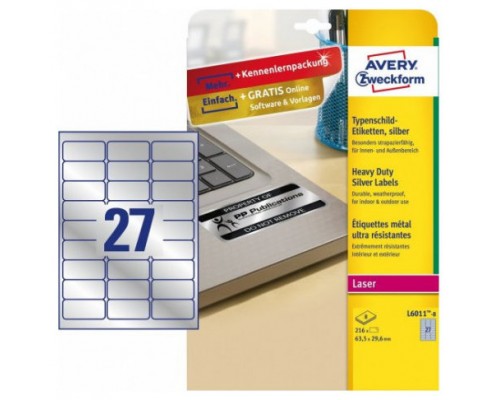 PAQUETE 8 HOJAS ETIQUETAS PLATEADAS DE POLI&Eacute;STER-IMPRESORAS L&Aacute;SER-63,5X29,6 MM AVERY L6011-8 (Espera 4 dias)