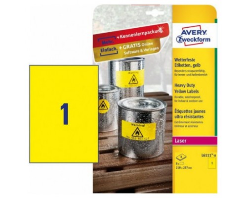 PAQUETE 8 HOJAS ETIQUETAS AMARILLAS DE POLI&Eacute;STER-IMPRESORAS L&Aacute;SER-210 X 297 MM AVERY L6111-8 (Espera 4 dias)