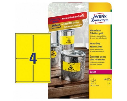 PAQUETE 8 HOJAS ETIQUETAS AMARILLAS DE POLI&Eacute;STER-IMPRESORAS L&Aacute;SER, L&Aacute;SER DE COLOR-99,1 X 139 MM AVERY L6127-8 (Espera 4 dias)