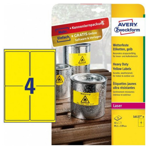 PAQUETE 8 HOJAS ETIQUETAS AMARILLAS DE POLI&Eacute;STER-IMPRESORAS L&Aacute;SER, L&Aacute;SER DE COLOR-99,1 X 139 MM AVERY L6127-8 (Espera 4 dias)
