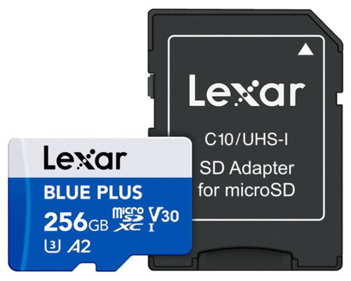 LEXAR 256GB BLUE PLUS MICROSDHC UHS-I WITH SD ADAPTER, UP TO 170MB/s READ C10 A2 V30 U3 (Espera 4 dias)