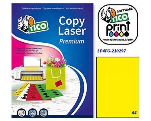 CAJA 70 HOJAS ETIQUETAS AMARILLO FLUORESCENTE SIN M&Aacute;RGENES-L&Aacute;SER/INYECCI&Oacute;N DE TINTA/FOTOCOPIADORAS-210X297 MM TICO LP4FG-210297 (Espera 4 dias)
