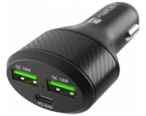 CARGADOR COCHE NATEC CONEY 2XUSB, 1XUSB-C QC3.0, PD 3.0 48W NEGRO