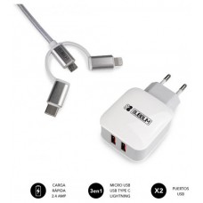 SUBBLIM CARGADOR USB DE VIAJE/PARED 2xUSB (2.4A) + CABLE 3EN1 WHITE Plata, Blanco Interior (Espera 4 dias)