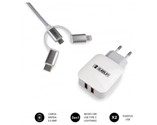 SUBBLIM CARGADOR USB DE VIAJE/PARED 2xUSB (2.4A) + CABLE 3EN1 WHITE Plata, Blanco Interior (Espera 4 dias)