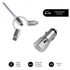 SUBBLIM Cargador Coche 2xUSB Dual Car Charger Alum 2.4A + Cable 3 in 1 Silver (Espera 4 dias)