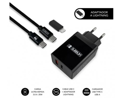 SUBBLIM CARGADOR ULTRA RAPIDO 2xUSB DE PARED PD25W+QC3.0+Cable C to C y lightning Negro (Espera 4 dias)