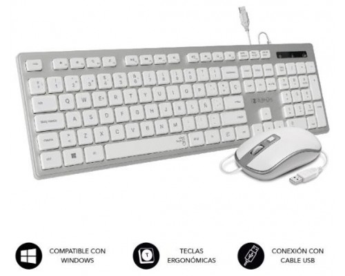 SUBBLIM Teclado Ergonómico y ratón con cable USB Plano Silencioso Plateado/Blanco Ergo (Espera 4 dias)