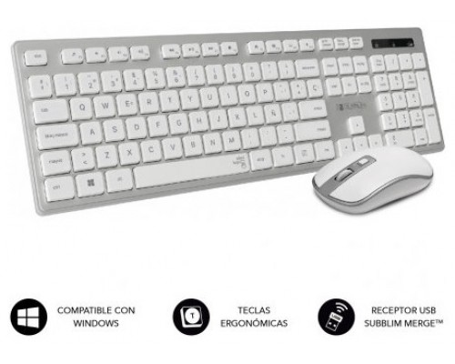 SUBBLIM Teclado Ergonómico y ratón inalámbricos Plano Silencioso Plateado/Blanco Ergo (Espera 4 dias)