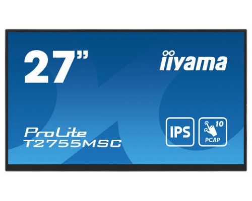 MONITOR IIYAMA 27" IPS BONDED PCAP 10P TOUCH, 1920X1080, FLAT BEZEL FREE GLASS FRONT, HDMI, DISPLAYPORT, 360CD/M², USB HUB 2X 3.2, SPEAKERS, BUILT-IN WEBCAM & MICROPHONE, BOOKSTAND (T2755MSC-B1) (Espera 4 dias)