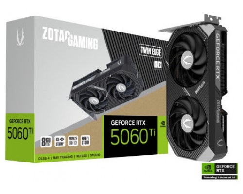VGA ZOTAC RTX 5060 TI 8GB TWIN EDGE OC,NV,RTX5060TI,8GB,GDDR7,128BIT,1HDMI+3DP,2 VENTILADORES (ZT-B50610H-10M) (Espera 4 dias)